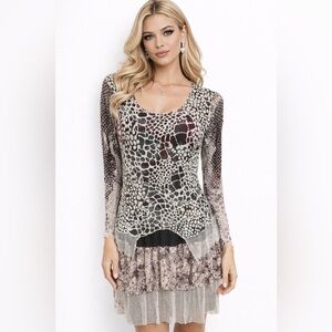 STYLE Women’s Small Animal Print Mesh Layered Long Sleeve Dress Y2K